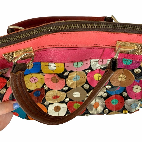 Pink and Blue Floral Shoulder Bag with Textured Design - Picture 4 of 7
